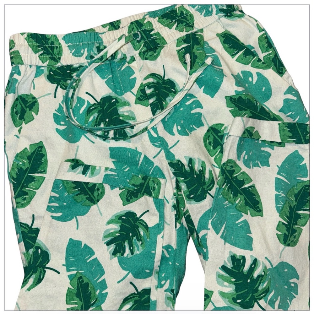 J.Crew Re-Imagined Linen Cotton Tropical Palm Leaf Pants Green White Size 0
